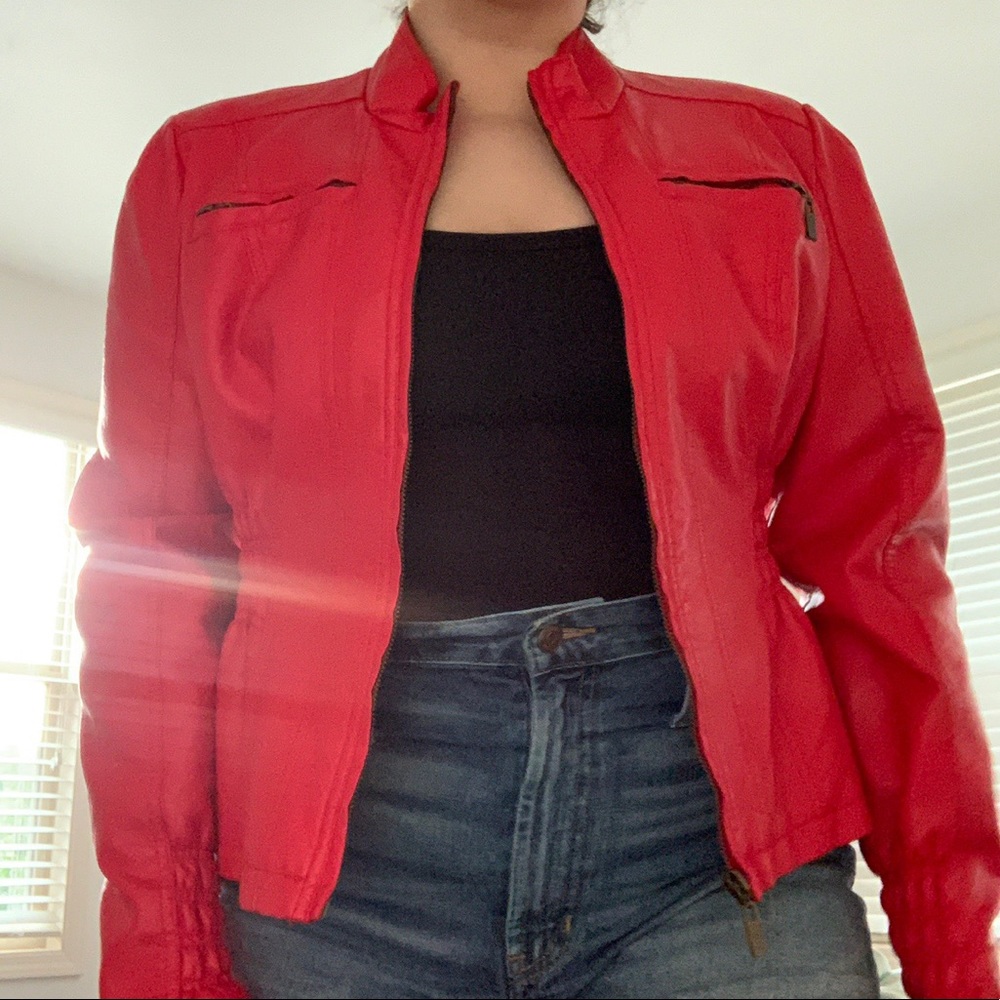 Faux red leather jacket
